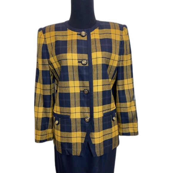 KASPER For ALS Vtg SKIRT SUIT In Mustard & Blue Plaid Size 6P w/Shoulder Pads - Picture 3 of 16